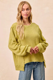 BIBI Boucle Rib Knit Uneven Hem Sweater With Open Seam on Simply Obsessed