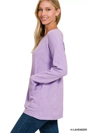 Zenana Viscose Long Sleeve Front Pockets Sweater on Simply Obsessed