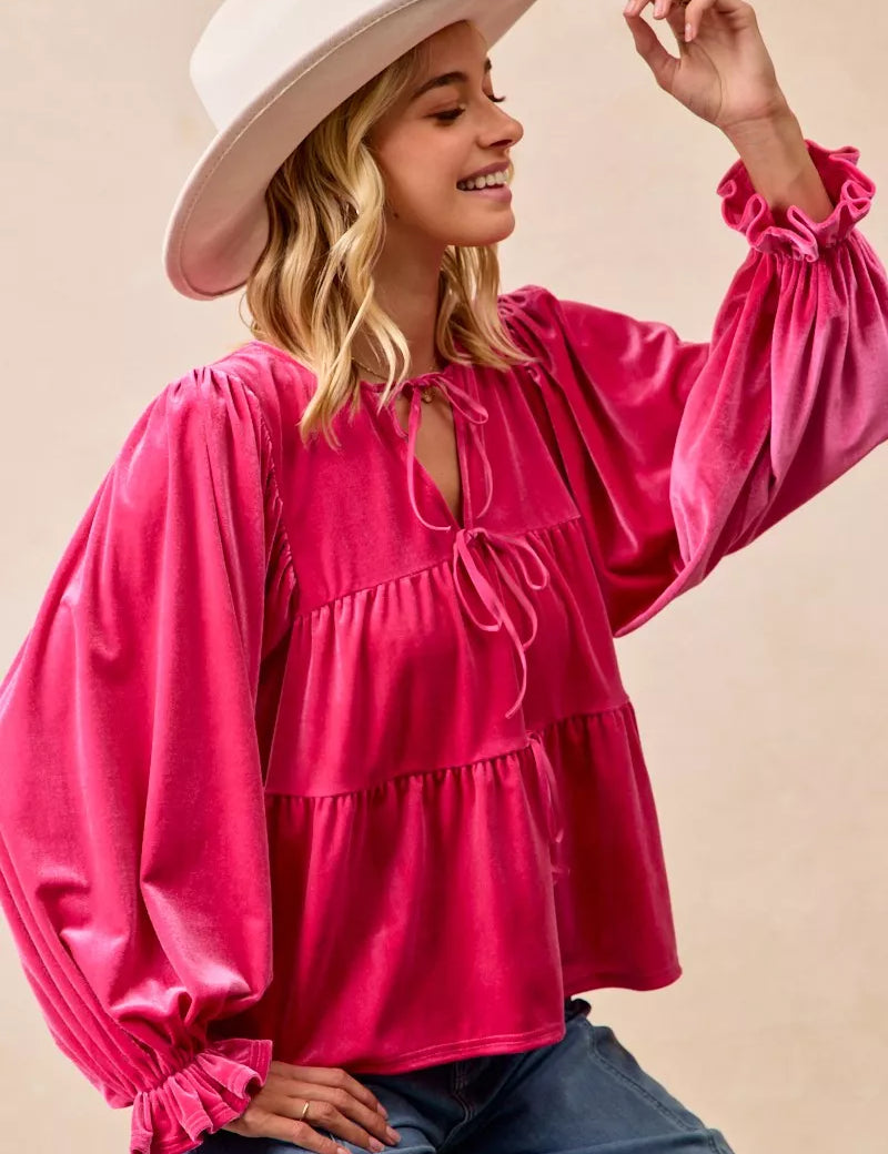 BiBi Christmas Theme Velvet Bow Tied Blouse on Simply Obsessed