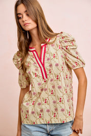 BIBI Floral Gather Sleeves Contrast Neckband Blouse Top on Simply Obsessed