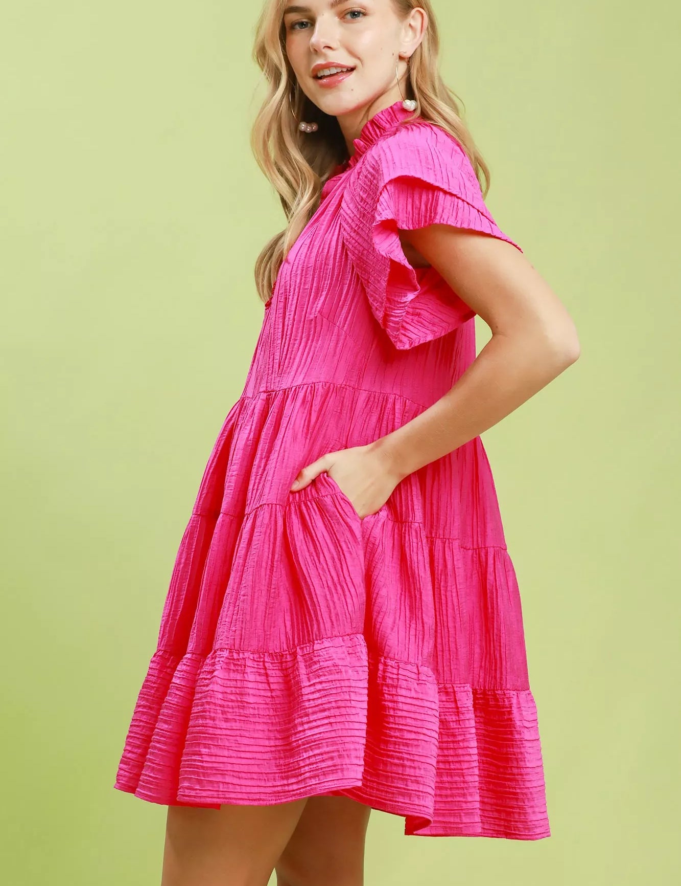 UMGEE Tiered Ruffle Sleeve Textured Mini Dress on Simply Obsessed
