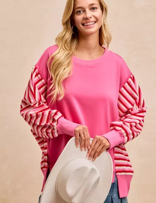 BIBI French Terry Stripe Combo Sweatshirt with Open Seam on Simply Obsessed