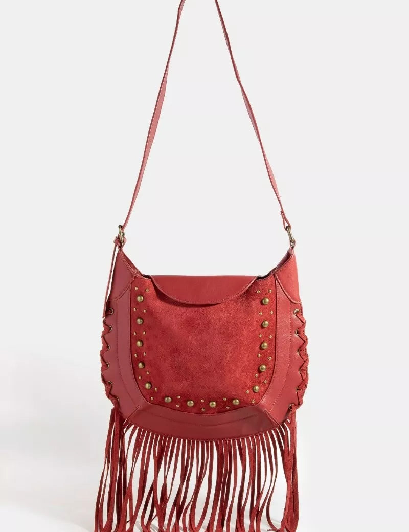Fame Rivet Trim Suede Fringe Shoulder Bag on Simply Obsessed
