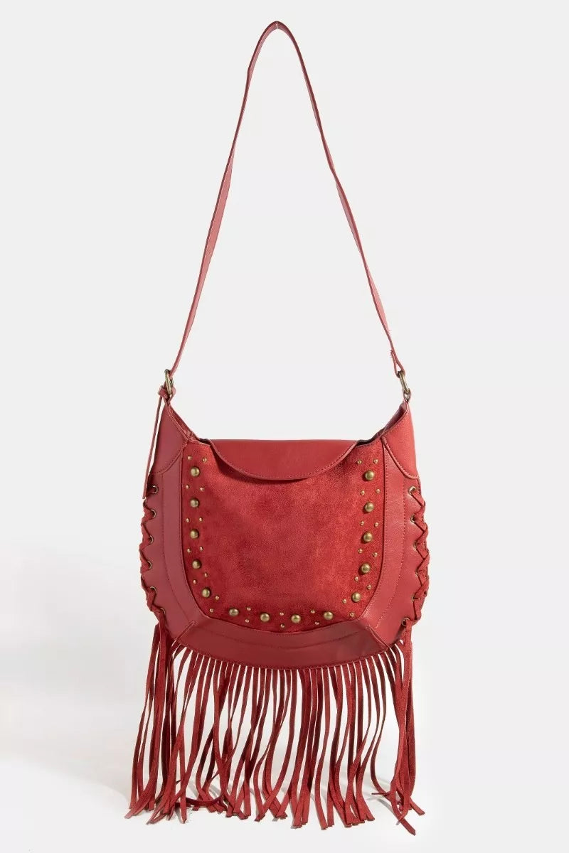 Fame Rivet Trim Suede Fringe Shoulder Bag on Simply Obsessed