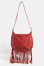Fame Rivet Trim Suede Fringe Shoulder Bag on Simply Obsessed