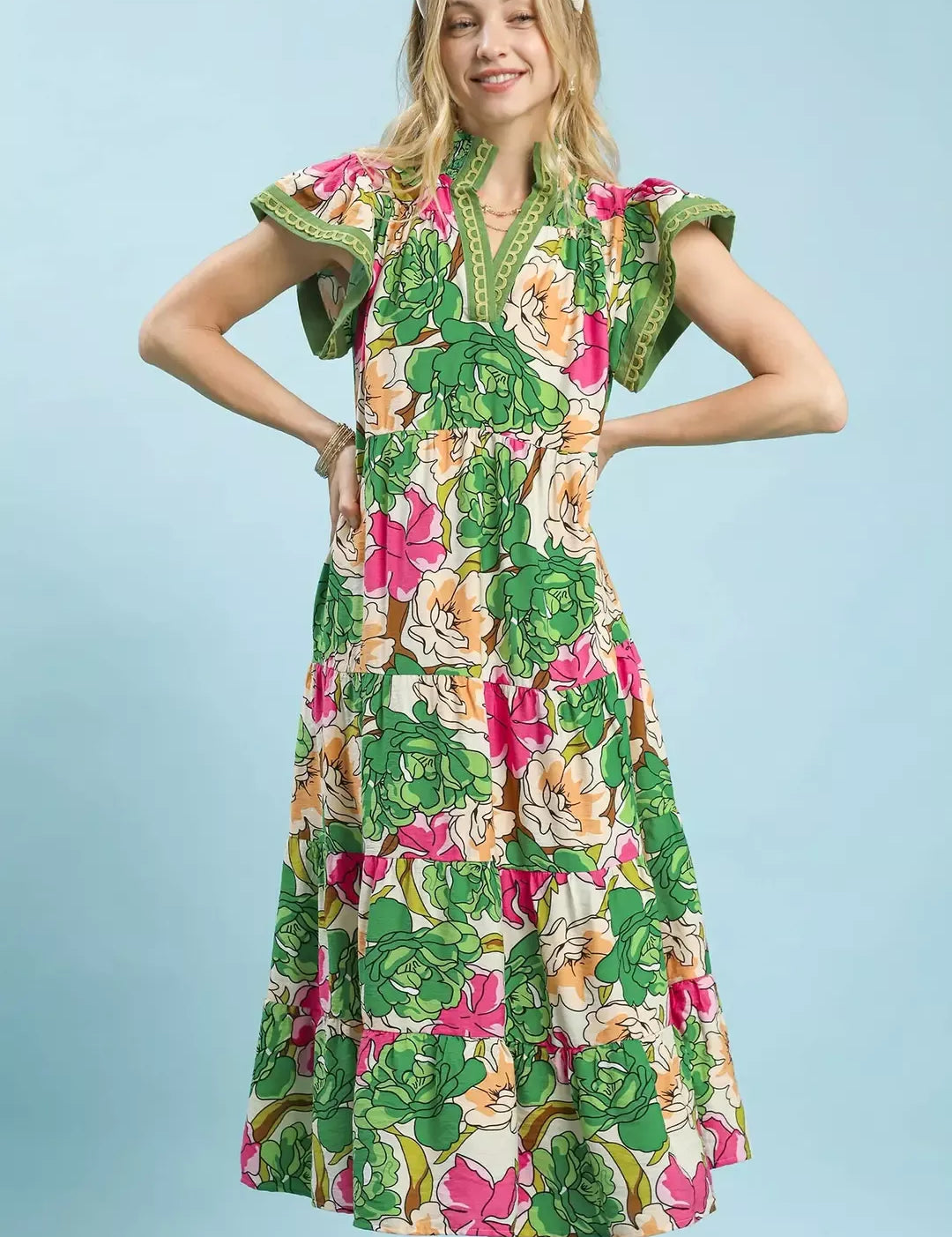 UMGEE Mix Bold Floral Tiered Midi Dress on Simply Obsessed
