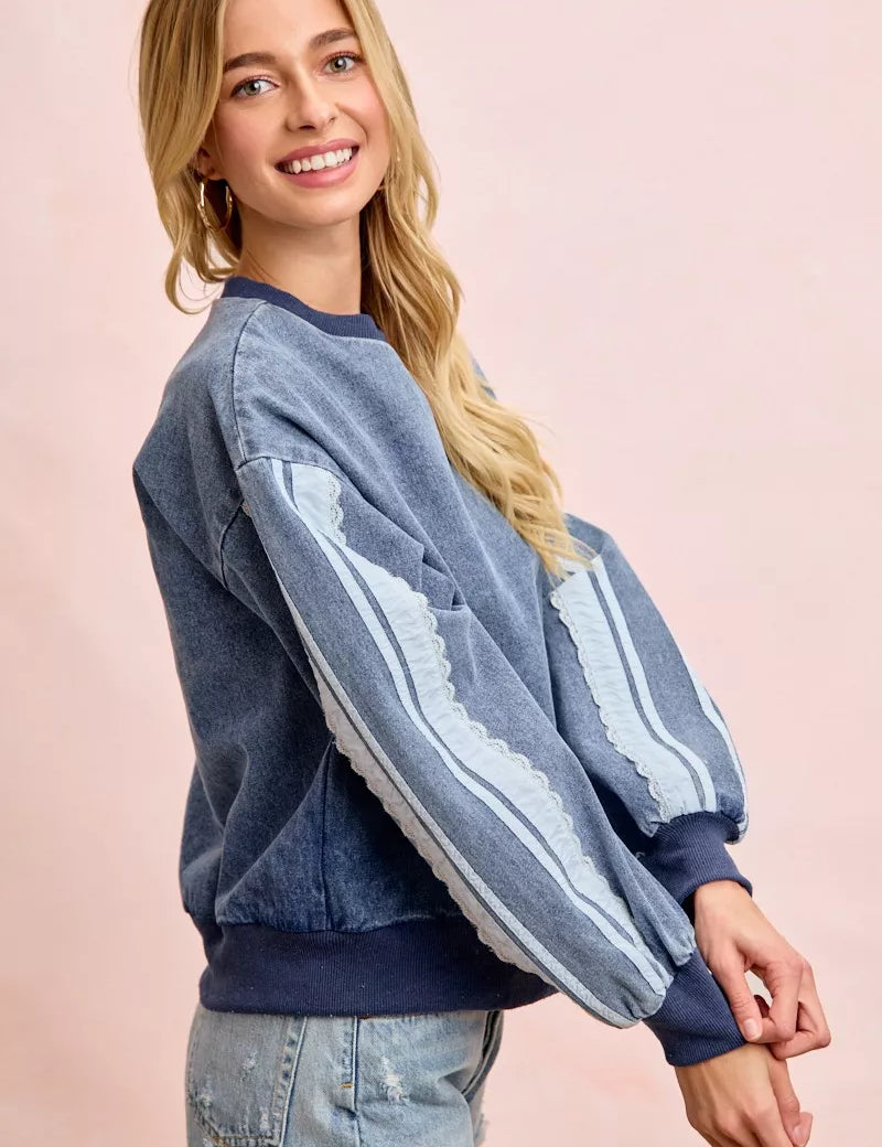 BIBI Washed Denim Lace Contrast Sided Sweatshirt **FALL DEBUT SALE** on Simply Obsessed