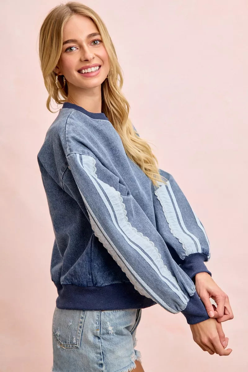 BIBI Washed Denim Lace Contrast Sided Sweatshirt **FALL DEBUT SALE** on Simply Obsessed