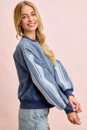 BIBI Washed Denim Lace Contrast Sided Sweatshirt **FALL DEBUT SALE** on Simply Obsessed