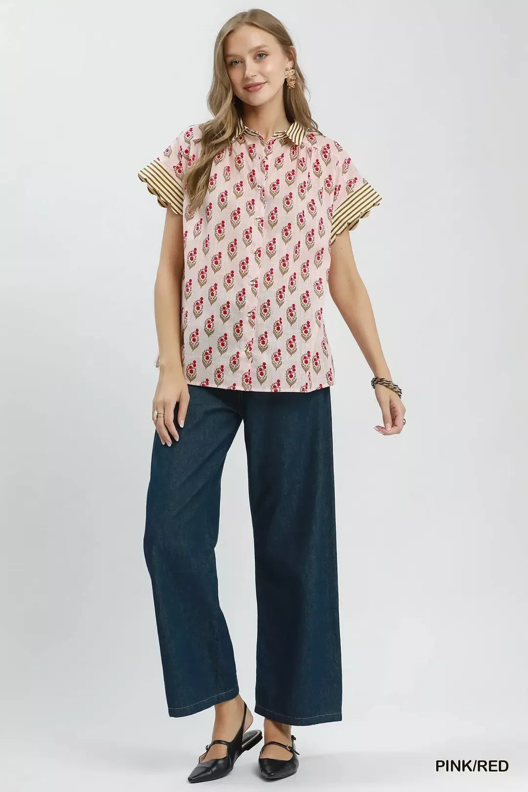 UMGEE Block Print Button-Front Shirt with Contrast Stripe Point Collar on Simply Obsessed