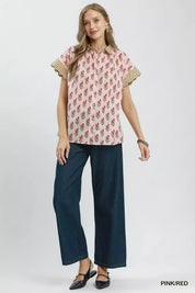 UMGEE Block Print Button-Front Shirt with Contrast Stripe Point Collar on Simply Obsessed