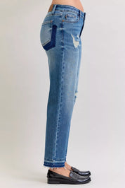 JUDY BLUE Full Size Mid Rise Bf Patch & Repair Destroy Release Hem Jeans Plus Size on Simply Obsessed