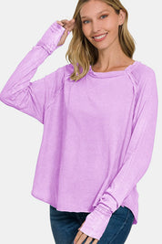 ZENANA Round Neck Thumbhole Long Sleeve T-Shirt on Simply Obsessed