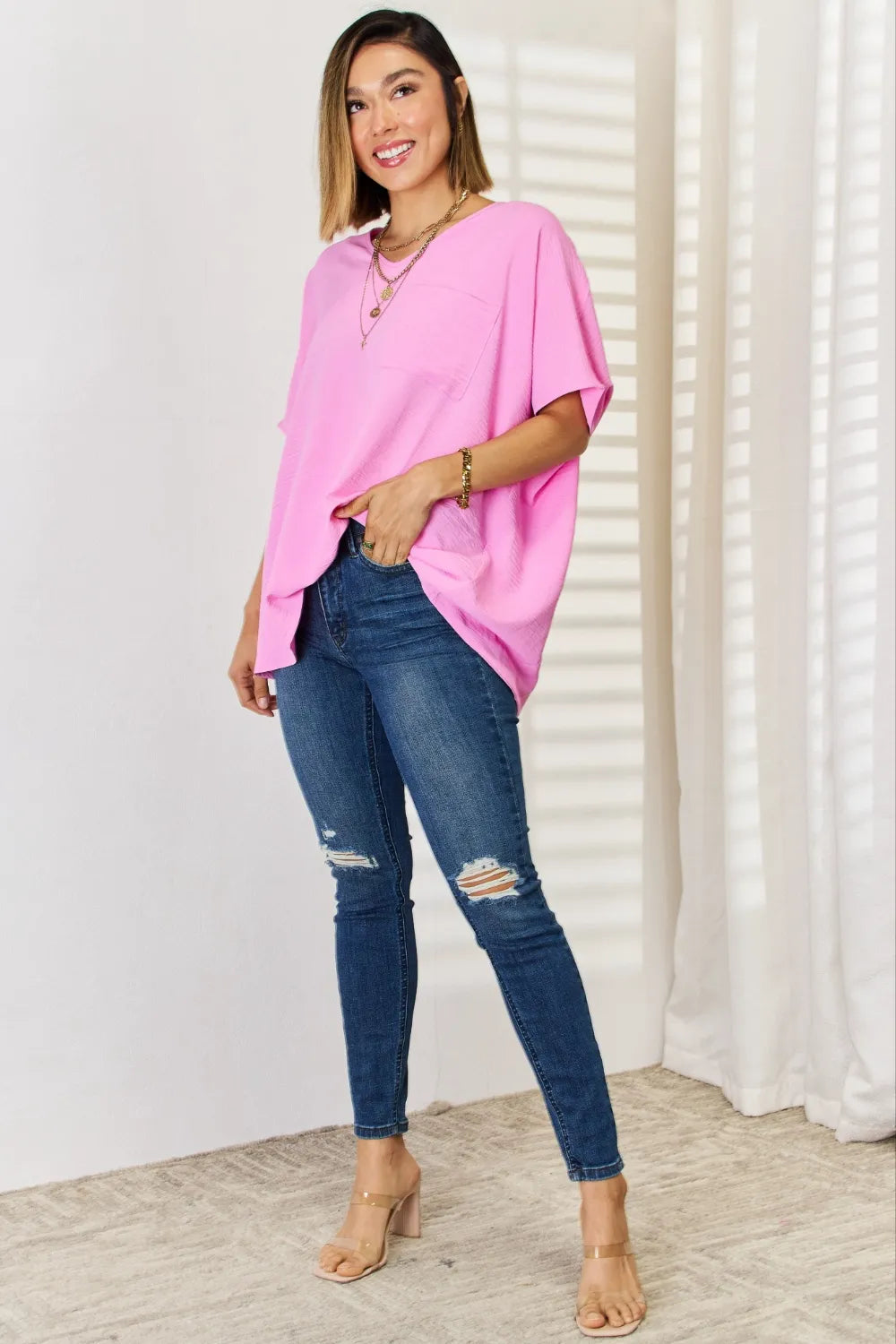 ZENANA Texture Short Sleeve Blouse on Simply Obsessed