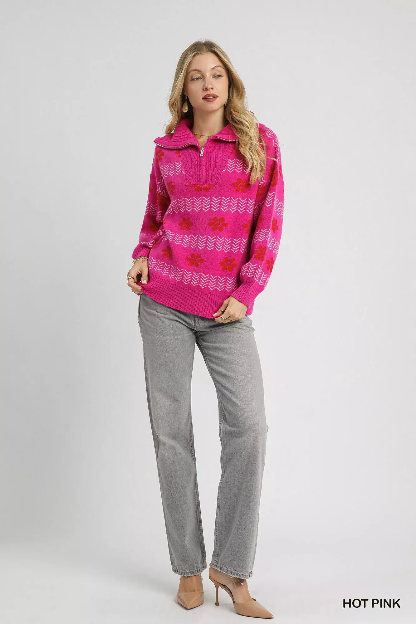 Umgee Floral Patterned Jacquard Quarter-Zip Pullover Sweater on Simply Obsessed