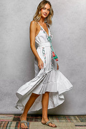 POL Embroidered Detail Tassel Tie Smocked Waist Midi Tiered Cami Dress on Simply Obsessed