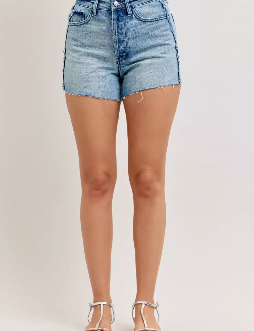 JUDY BLUE Hw Rigid Magic Cut Off Denim Shorts with Raw Side Seams on Simply Obsessed