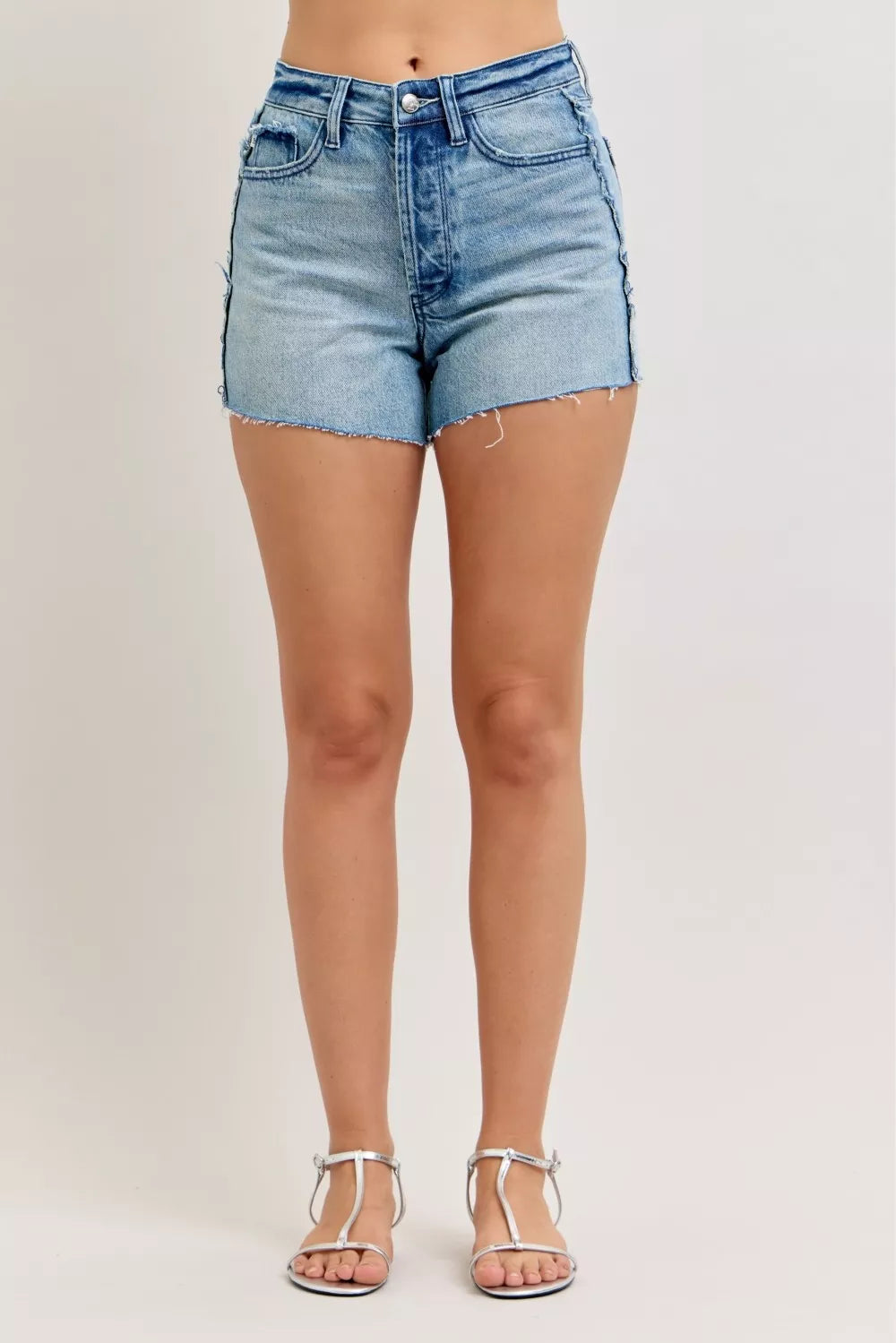 JUDY BLUE Hw Rigid Magic Cut Off Denim Shorts with Raw Side Seams on Simply Obsessed