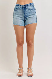 JUDY BLUE Hw Rigid Magic Cut Off Denim Shorts with Raw Side Seams on Simply Obsessed