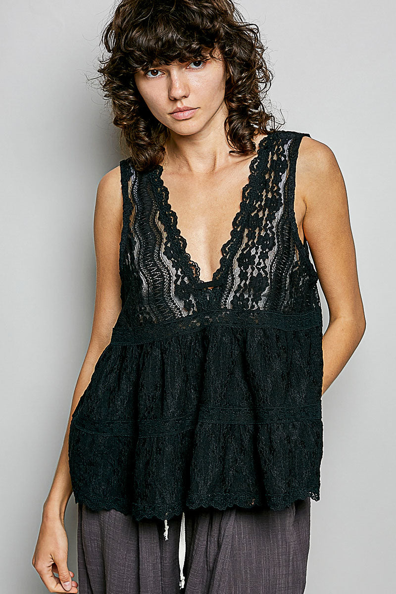 POL Deep V-Neck Scalloped Lace Sleeveless Top on Simply Obsessed