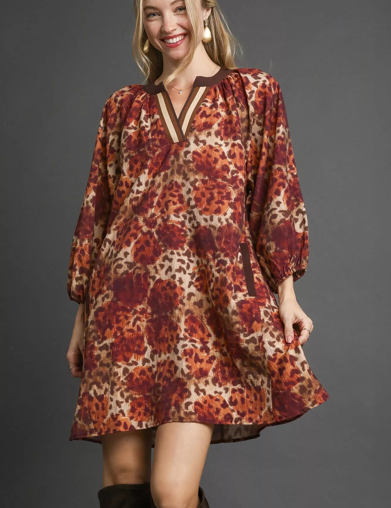 UMGEE Animal Print Boho Tunic Dress with Contrast Trim Detail on Simply Obsessed