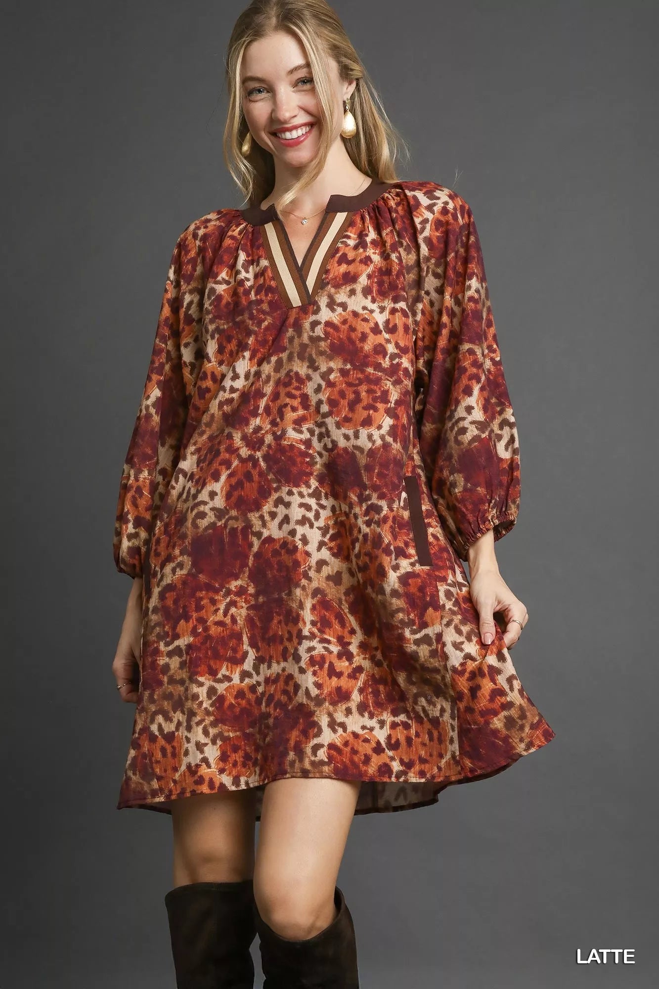 UMGEE Animal Print Boho Tunic Dress with Contrast Trim Detail on Simply Obsessed