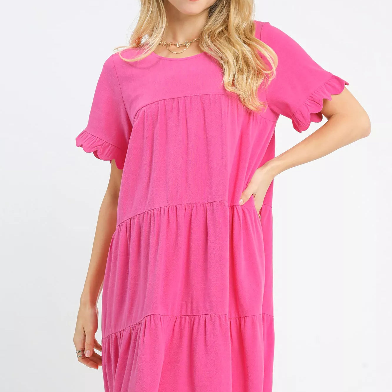 UMGEE Linen Tiered Babydoll Dress with Ruffle Sleeves on Simply Obsessed