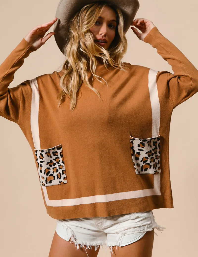 BiBi Mock Neck Sweater with Leopard Pocket on Simply Obsessed