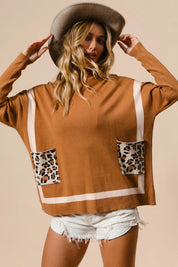 BiBi Mock Neck Sweater with Leopard Pocket on Simply Obsessed