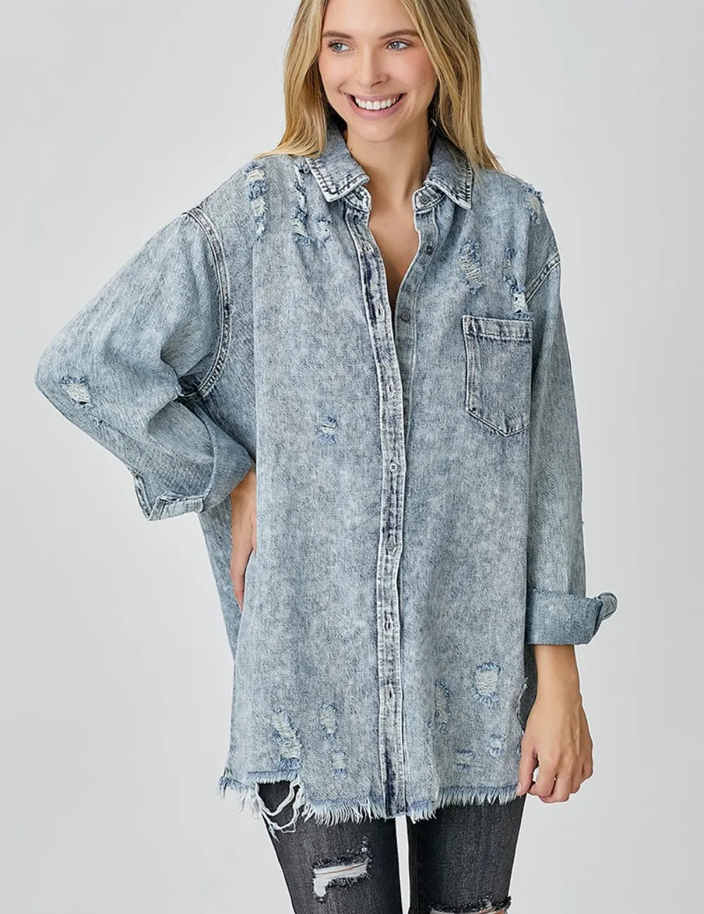 RISEN Distressed Raw Hem Denim Shirt on Simply Obsessed
