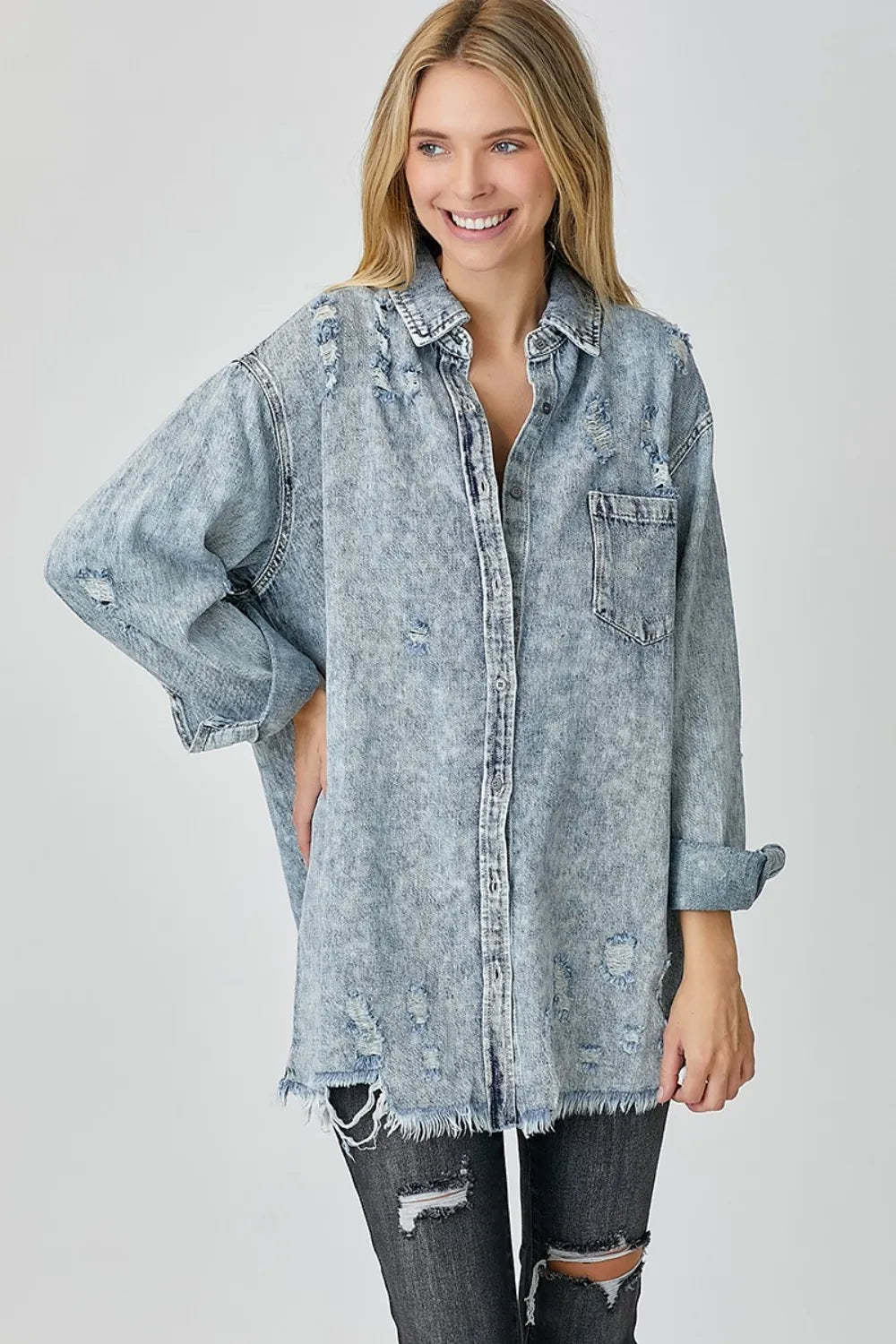 RISEN Distressed Raw Hem Denim Shirt on Simply Obsessed