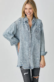 RISEN Distressed Raw Hem Denim Shirt on Simply Obsessed