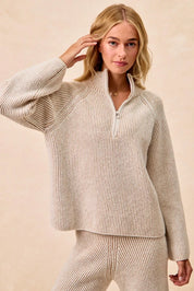 BiBi Two Tone Rib Texured Knit Collared Top with Zip Up on Simply Obsessed
