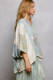 POL Floral Star Patch Hooded Blouse with Lace Contrast Detail on Simply Obsessed