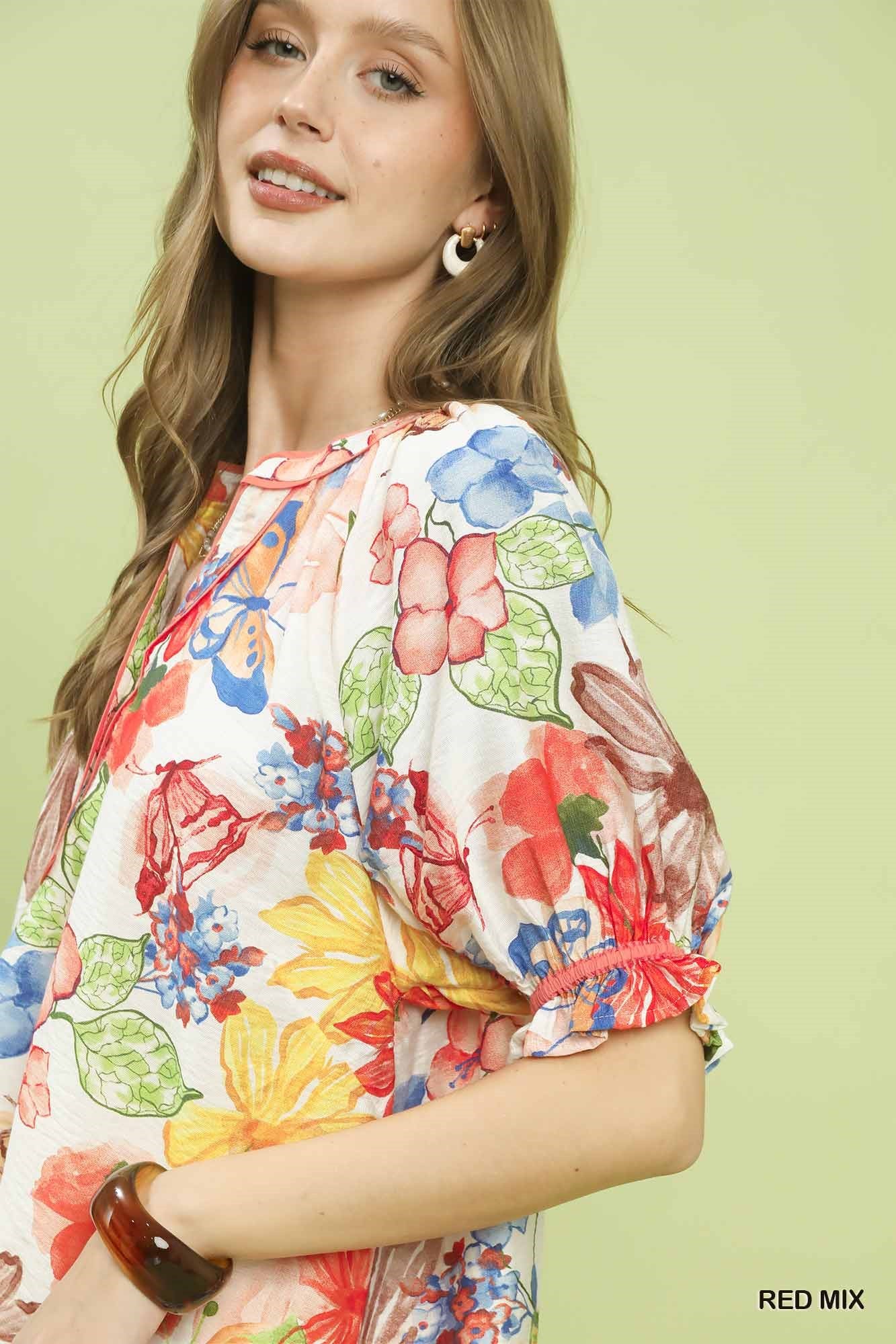 UMGEE Watercolor Floral Print Top with High-Low Hem on Simply Obsessed