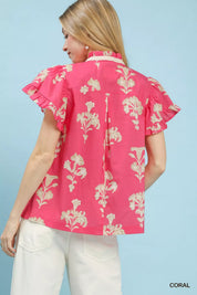 UMGEE Floral Ruffle Sleeve Split-Neck Top on Simply Obsessed