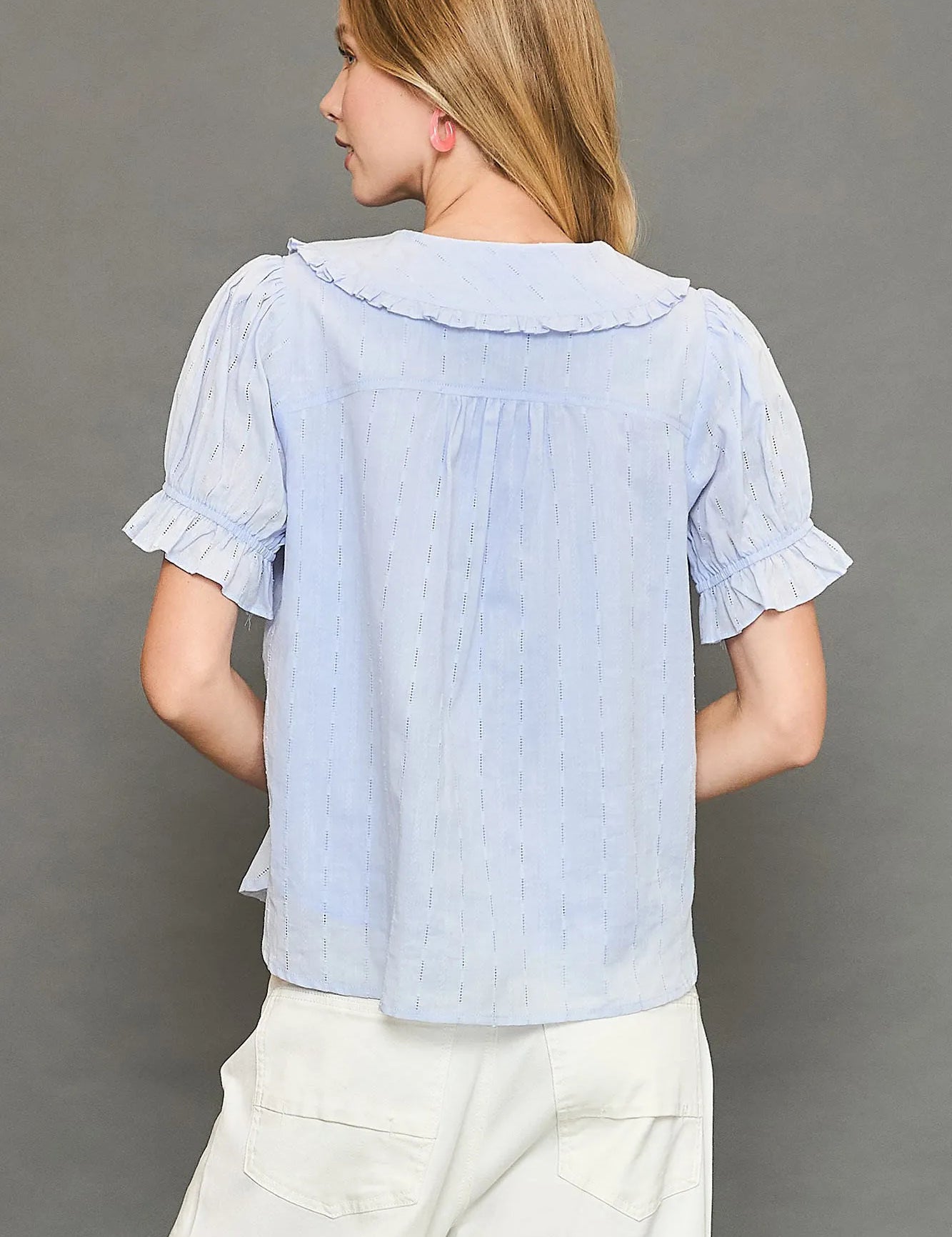 Umgee Peter Pan Collared Button Down Textured Shirt with Ruffled Detail on Simply Obsessed
