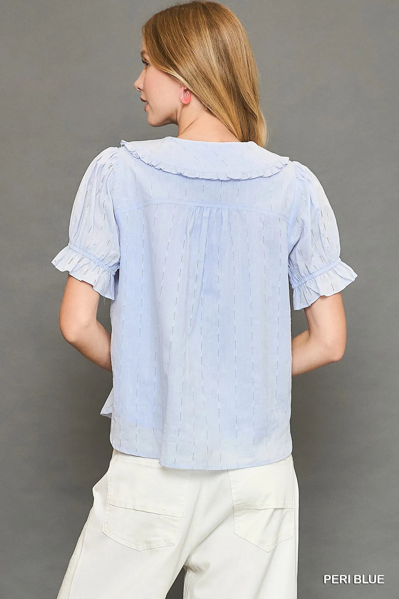 Umgee Peter Pan Collared Button Down Textured Shirt with Ruffled Detail on Simply Obsessed