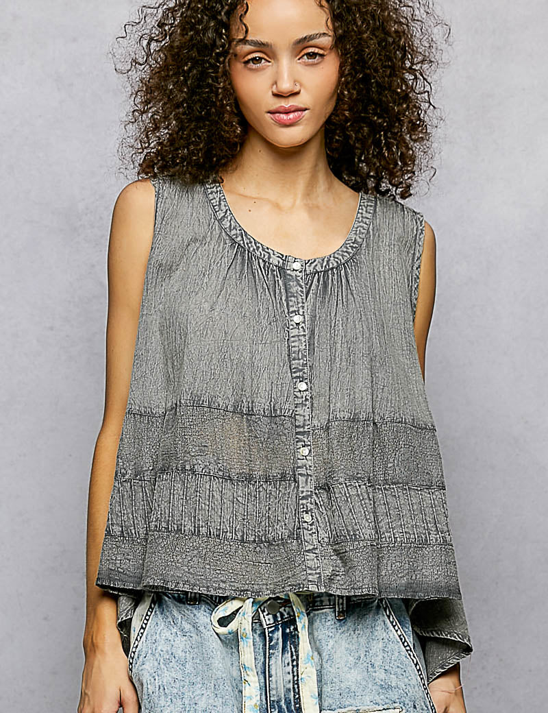 POL Button Down Round Neck Tank with Crochet Contrast on Simply Obsessed