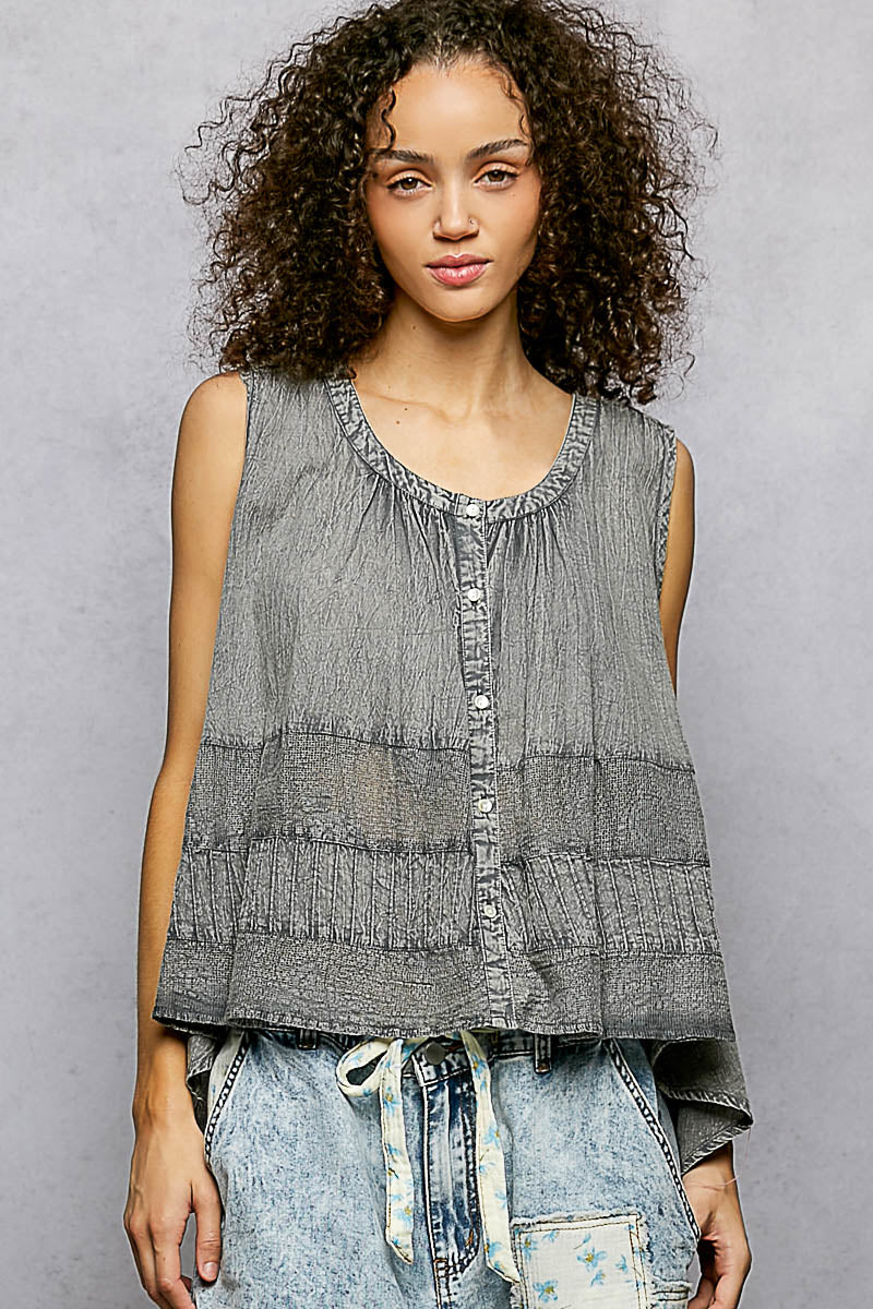 POL Button Down Round Neck Tank with Crochet Contrast on Simply Obsessed