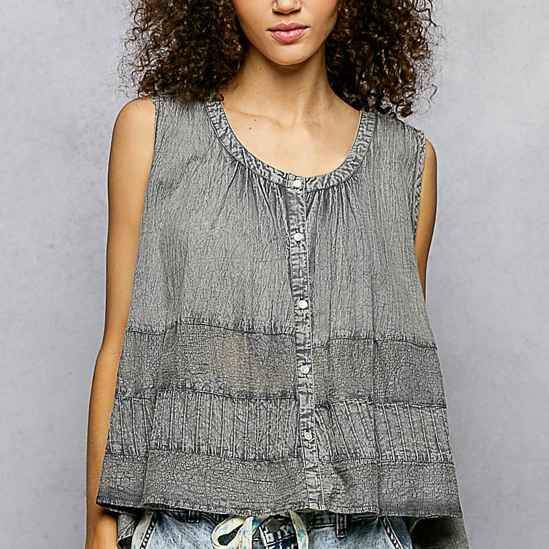POL Button Down Round Neck Tank with Crochet Contrast on Simply Obsessed