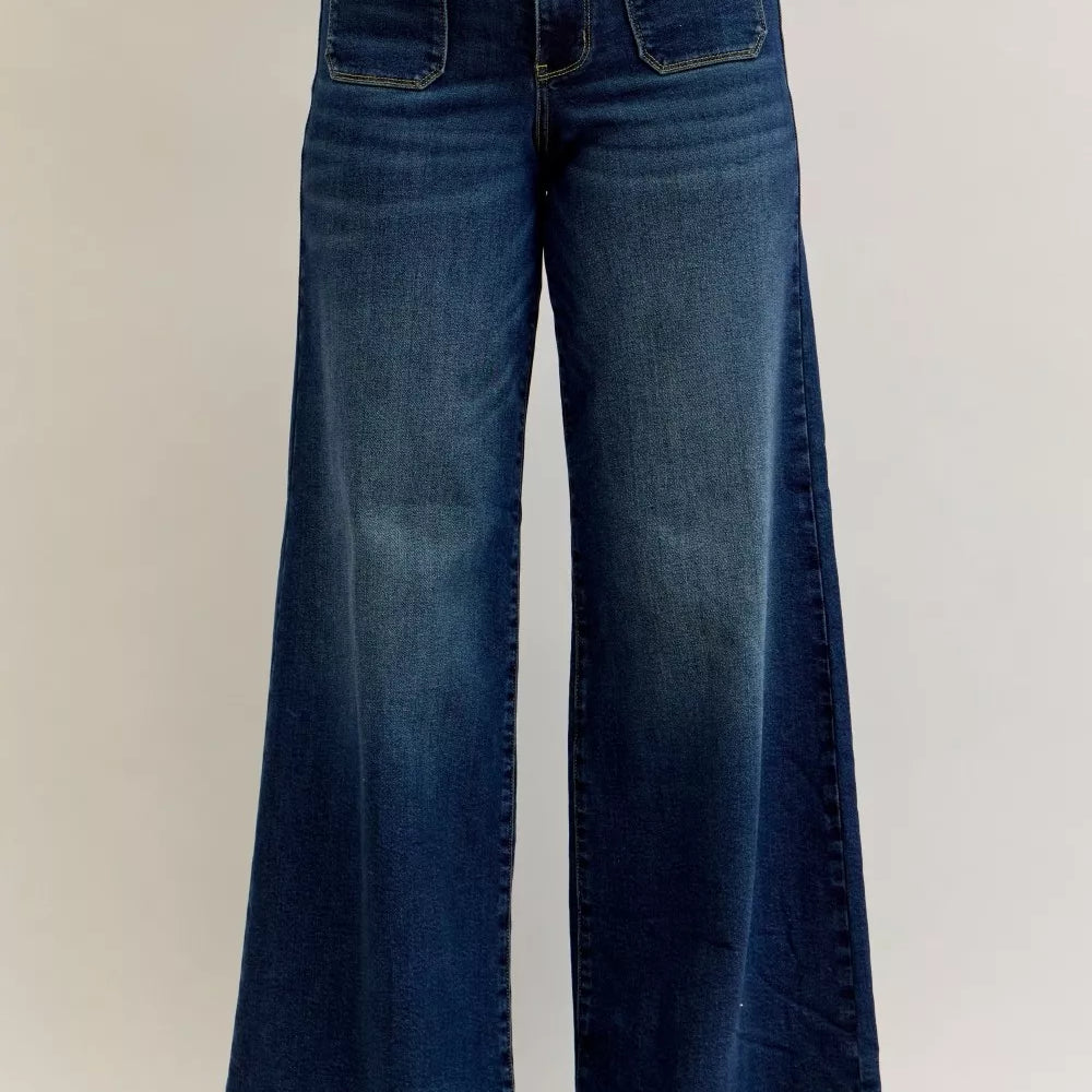 JUDY BLUE High Waist Palazzo Jeans with Front Patch Pockets on Simply Obsessed
