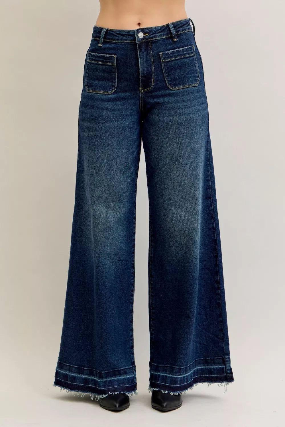 JUDY BLUE High Waist Palazzo Jeans with Front Patch Pockets on Simply Obsessed