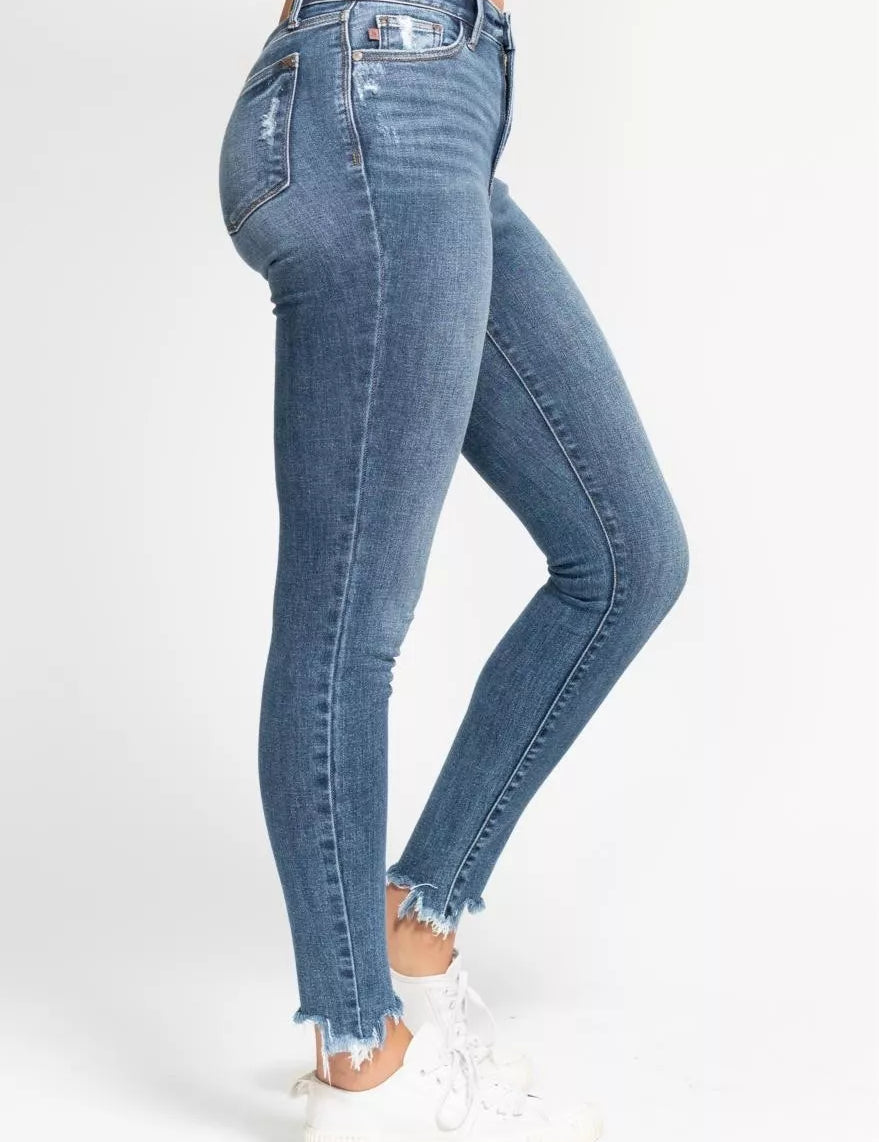 JUDY BLUE High Waist Skinny Jeans with Destroy & Shark Bit Hem on Simply Obsessed