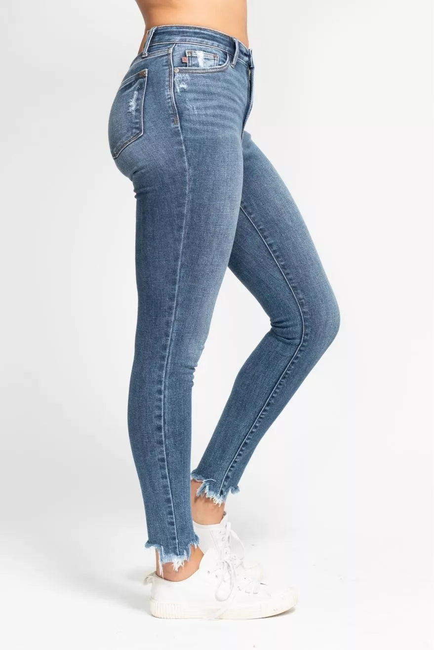 JUDY BLUE High Waist Skinny Jeans with Destroy & Shark Bit Hem on Simply Obsessed