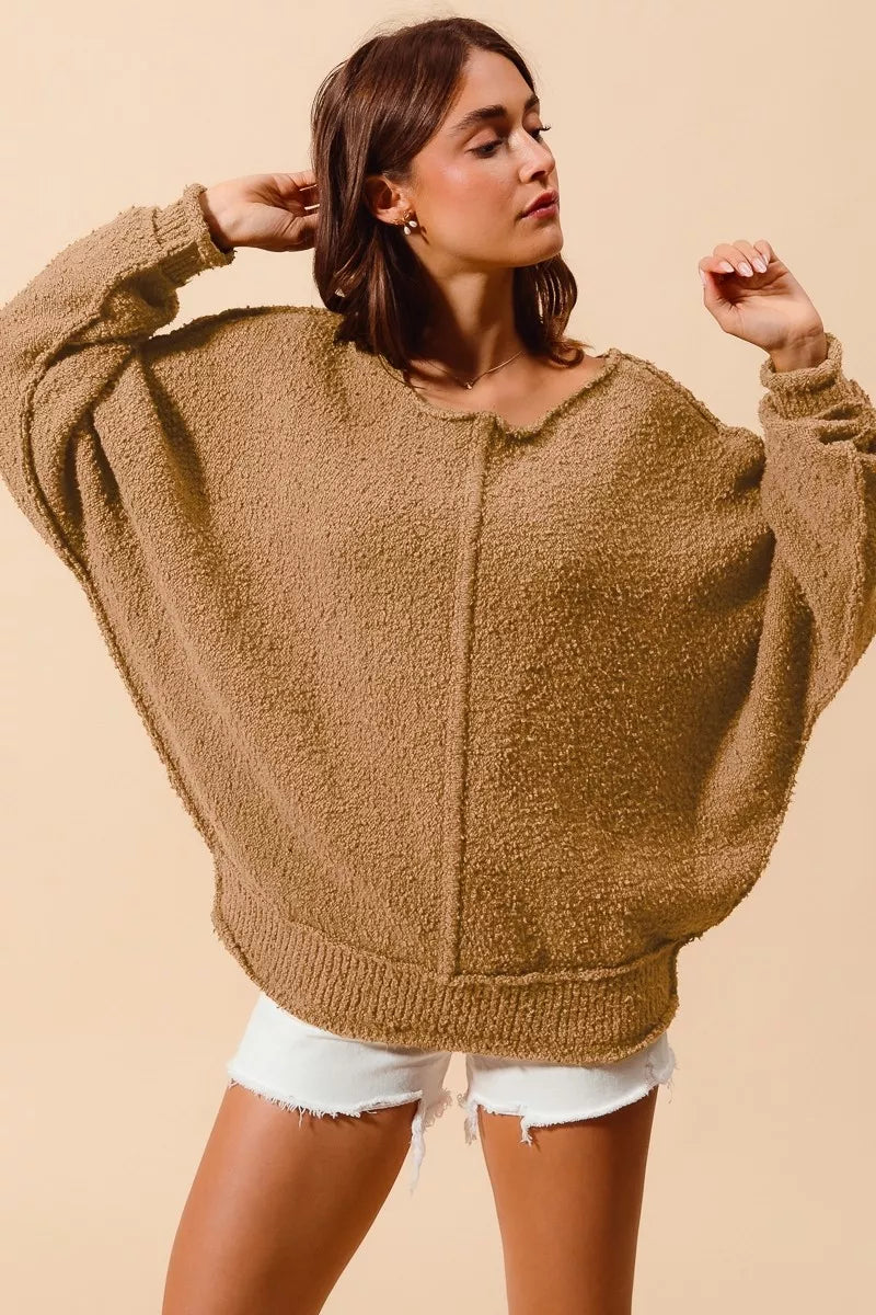 SO ME Loose Fit Exposed Seam Slouchy Boucle Sweater on Simply Obsessed