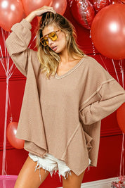 BiBi V-Neck Waffle Uneven Hem Top on Simply Obsessed