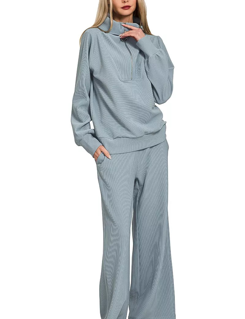 Zenana Ribbed High Neck Half Zip Pullover & Pants Set on Simply Obsessed