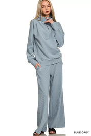 Zenana Ribbed High Neck Half Zip Pullover & Pants Set on Simply Obsessed