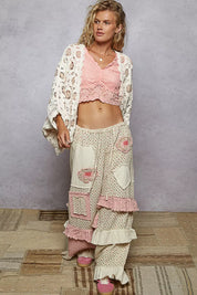 POL Openwork V-Neck Chenille Cardigan with Contrast Floral on Simply Obsessed